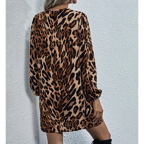 Leopard Print Long Sleeve Tunic Shift Dress - Picture 2 of 8